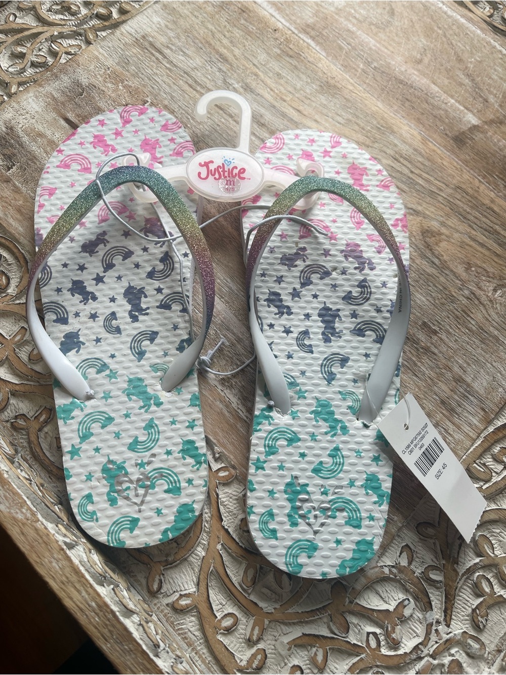 Justice Girls' Rainbow Unicorn Flip Flops - Teal & Pink